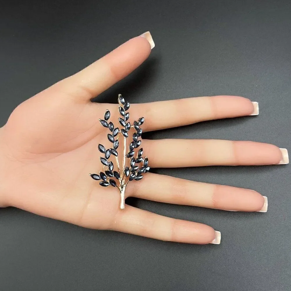 Rose Gold with Blue Sapphire Crystal Tree Branch with Leaves Pin Back Brooch